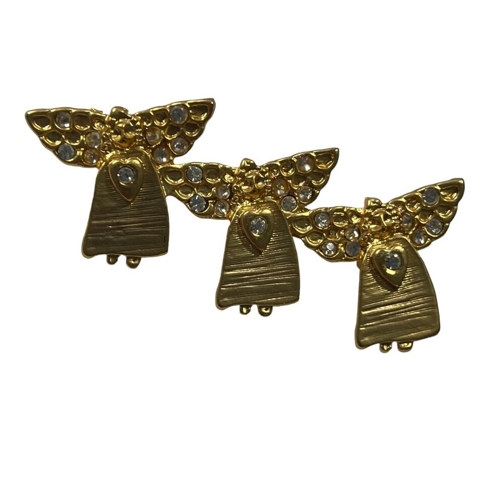 Vintage Three Angel Brooch Textured Gold Tone Rhinestone Crystal Pin